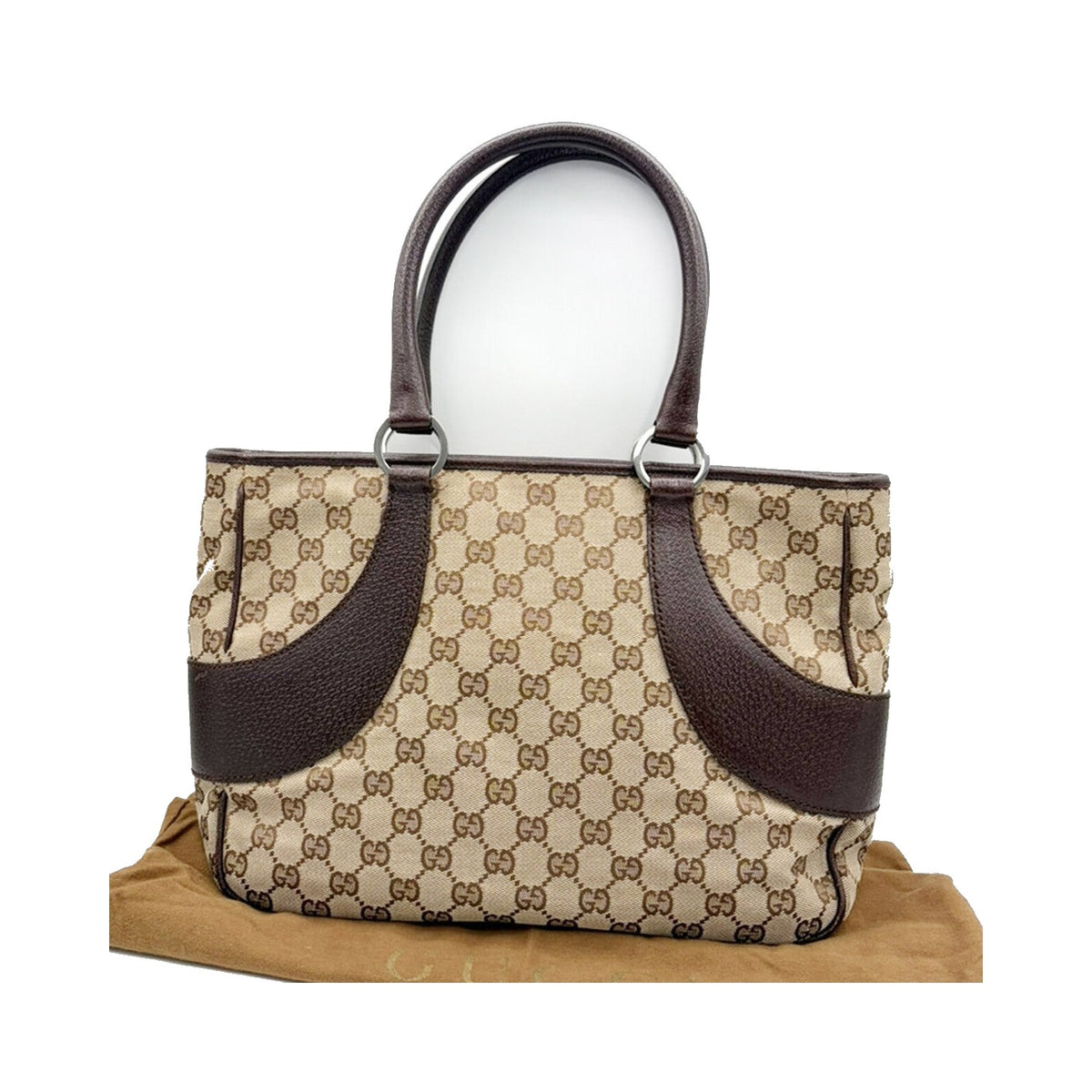 Gucci Vintage Ring Tote GG Canvas with Leather, Brown, Canvas, Tote Bag