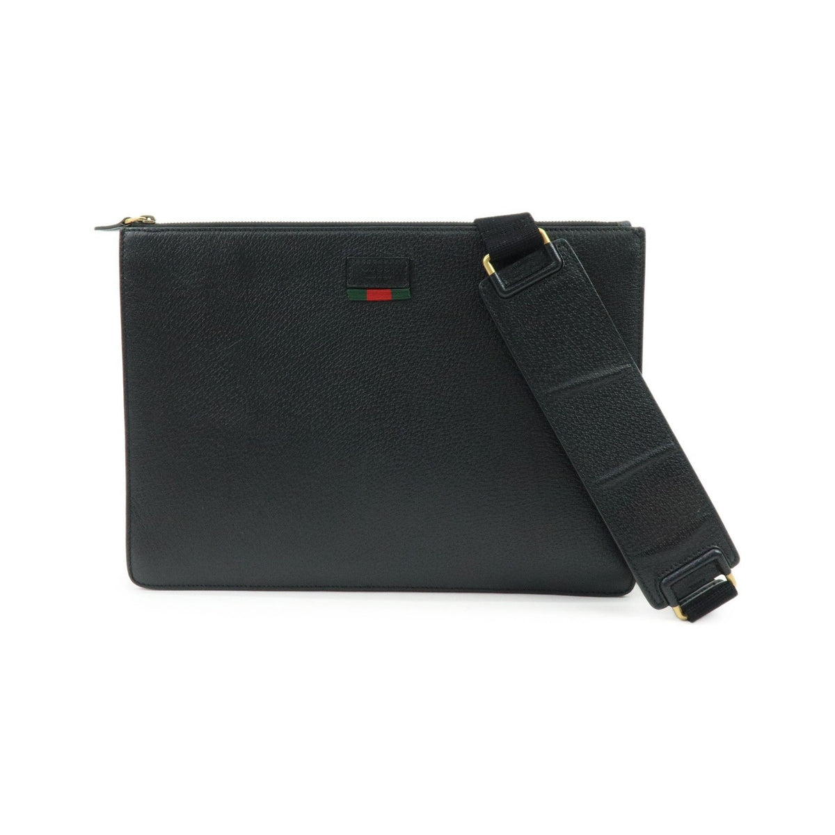 Gucci Web Strap Front Zip Messenger Leather, Black, Leather, Handbag