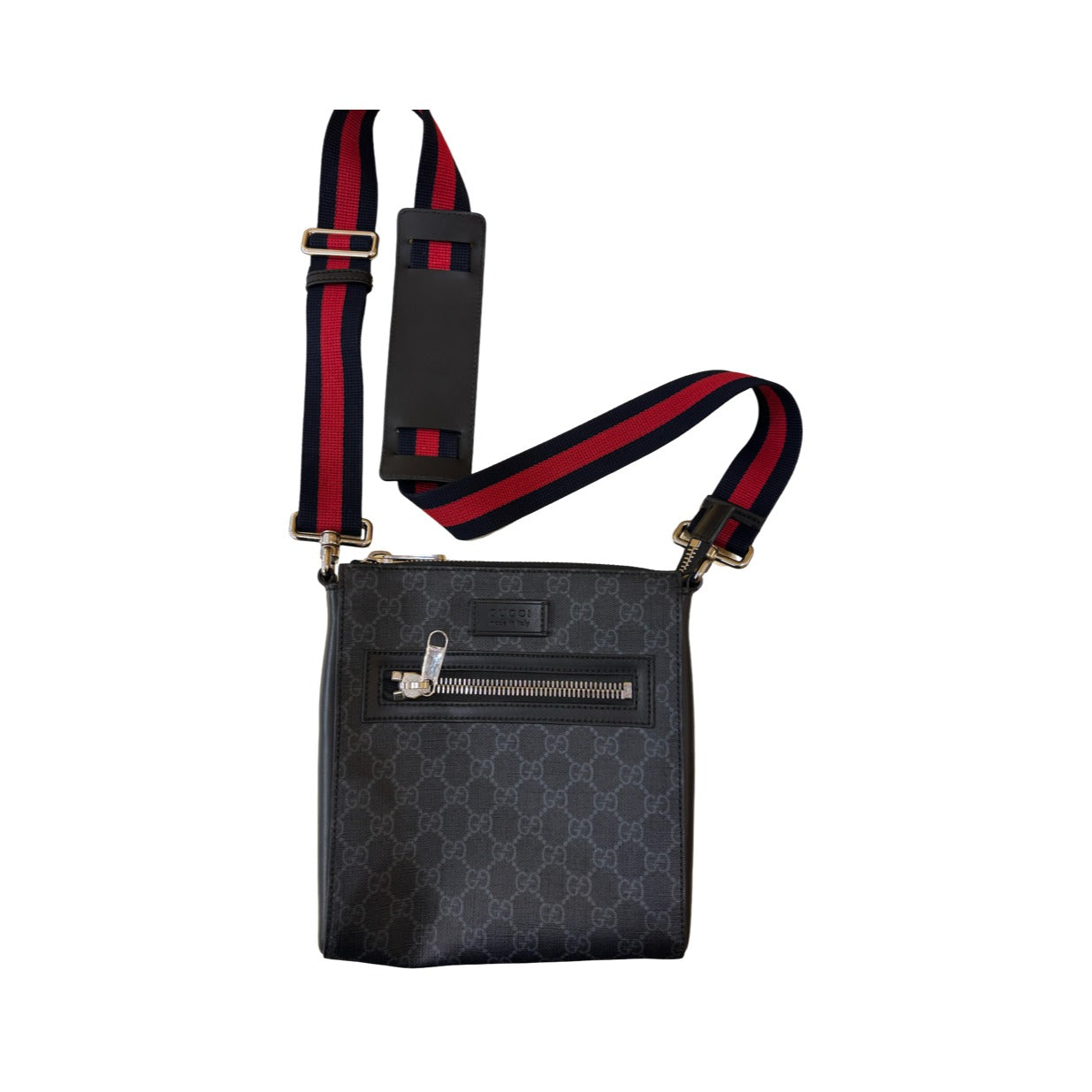 Gucci Web Strap Front Zip Messenger Printed GG Coated Canvas, Gray, Canvas, Crossbody Bag