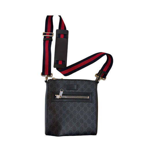 Gucci Web Strap Front Zip Messenger Printed GG Coated Canvas, Gray, Canvas, Crossbody Bag