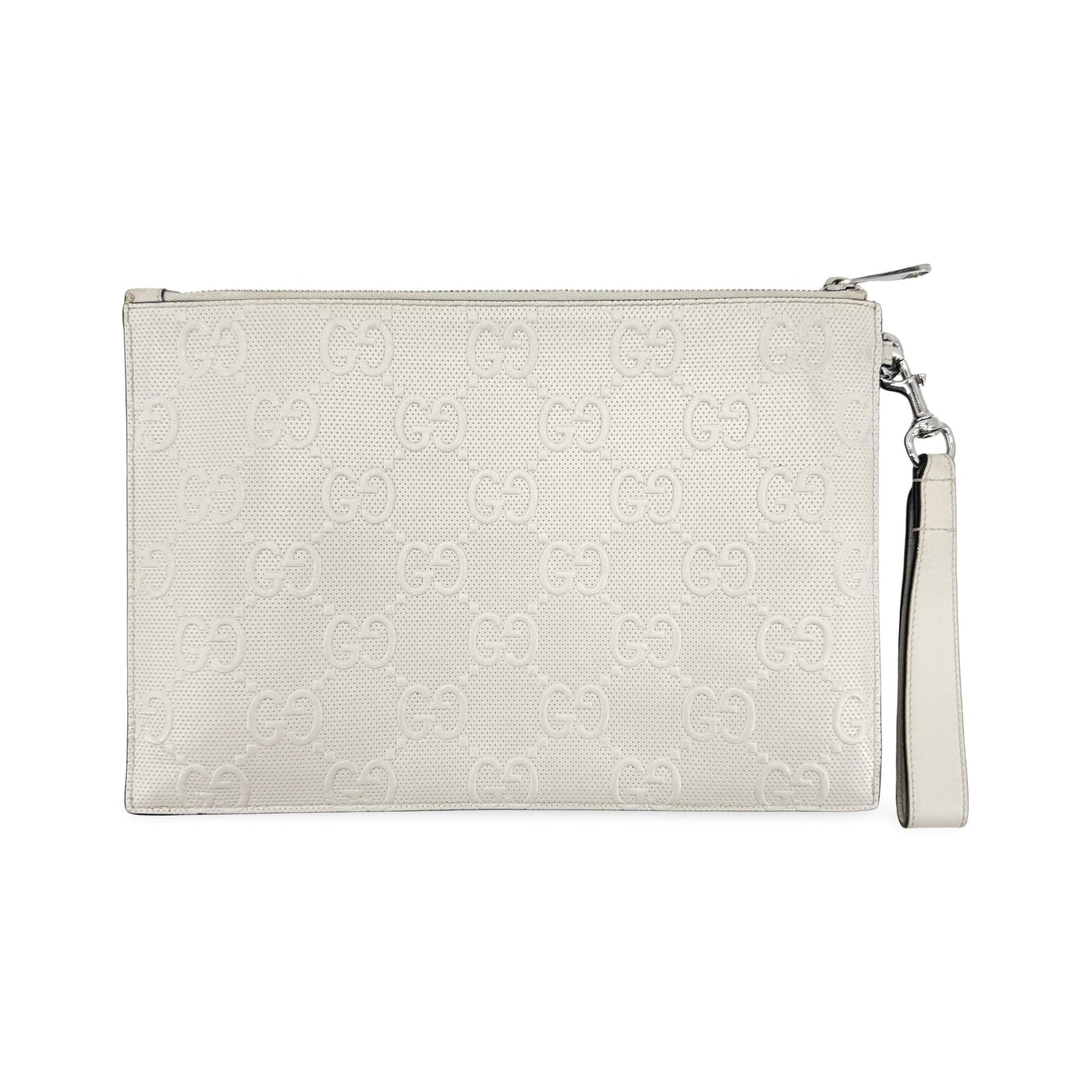 Gucci Wristlet GG Embossed Perforated Leather, White, Leather, Clutch