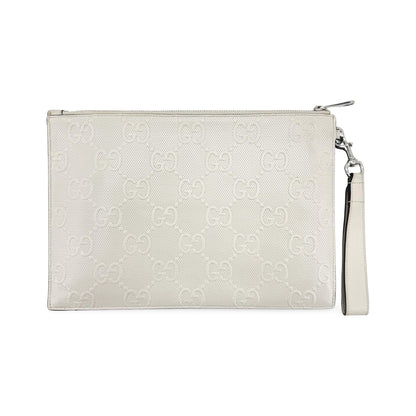 Gucci Wristlet GG Embossed Perforated Leather, White, Leather, Clutch