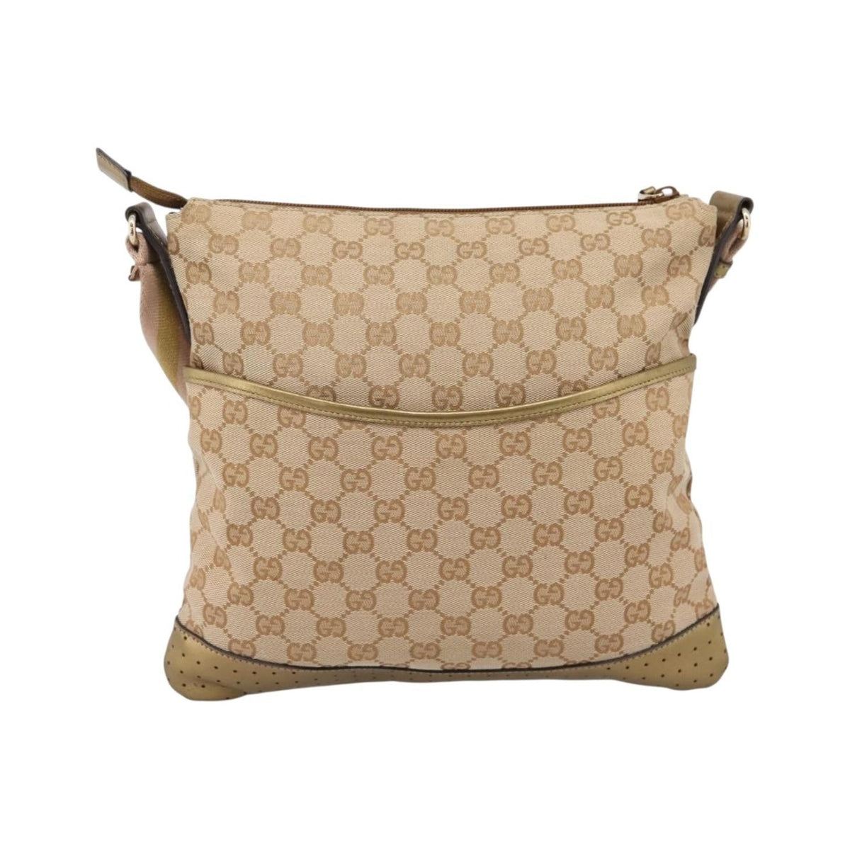 Gucci Zip Messenger GG Canvas with Perforated Leather, Beige, Canvas, Handbag