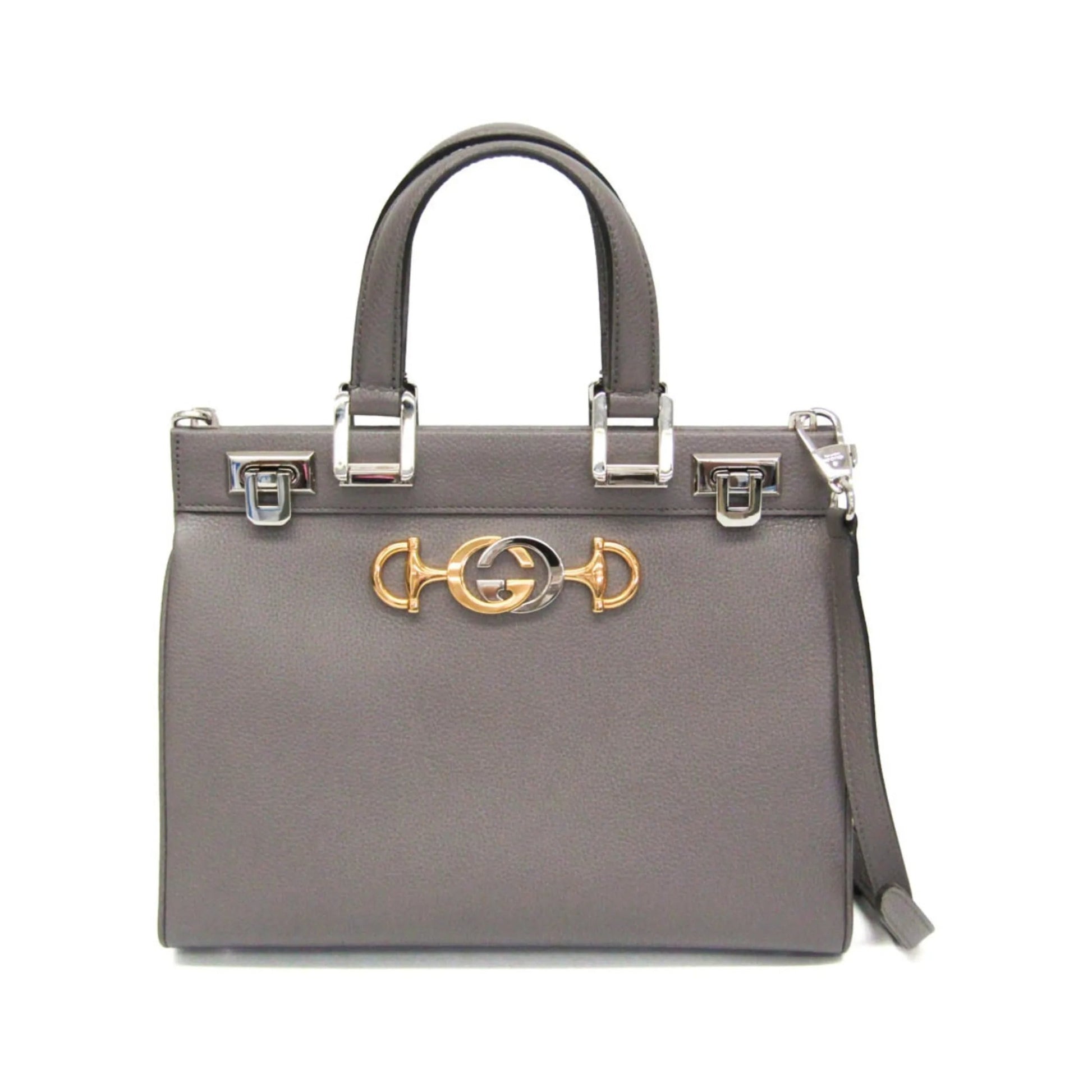 Gucci Zumi Top Handle Leather, Gray, Leather, Handbag