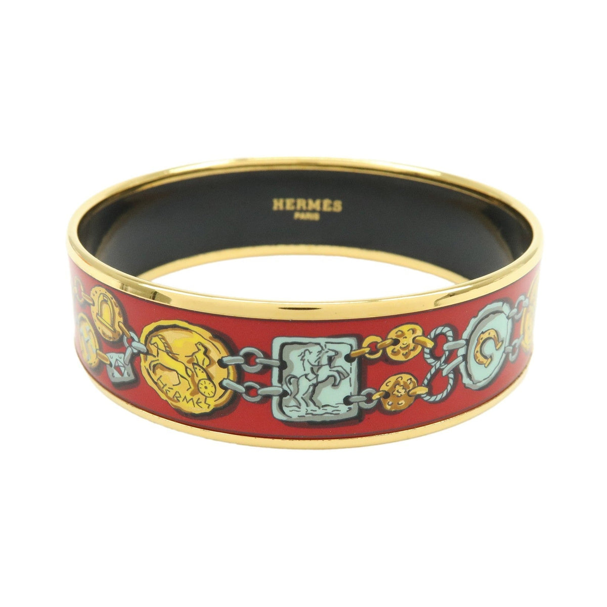 Hermes Bangle Printed Enamel, Red, Gold Plated, Bracelet