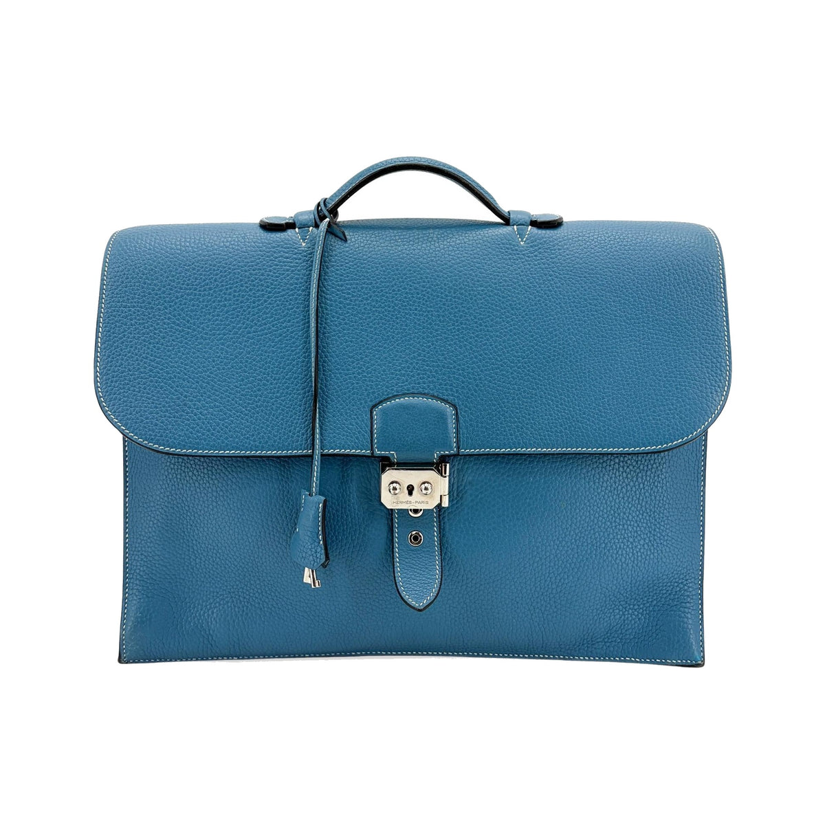 Hermes Sac a Depeches Togo, Blue, Leather, Handbag
