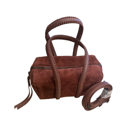 Brandsamsara Kallista brown suede leather handbag with braided handles and a detachable crossbody strap