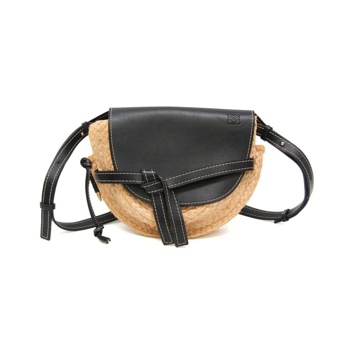 Loewe Gate Leather Leather with Raffia, Black, Leather, Shoulder Bag