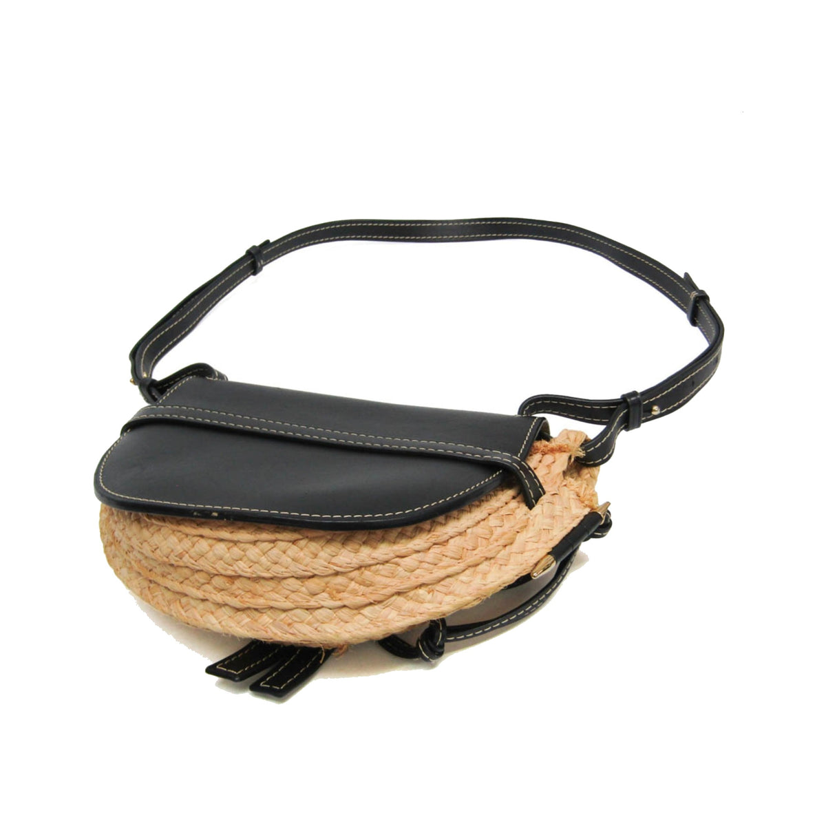 Loewe Gate Leather Leather with Raffia, Black, Leather, Shoulder Bag