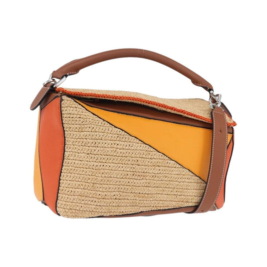 Loewe Puzzle Leather and Raffia, Beige, Leather, Handbag