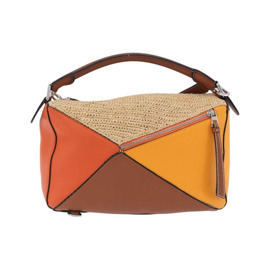 Loewe Puzzle Leather and Raffia, Beige, Leather, Handbag