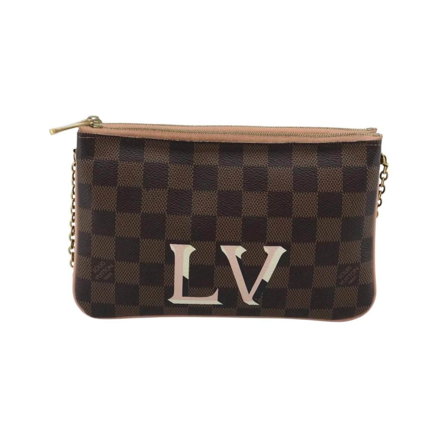 Louis Vuitton Double Zip Pochette Damier, Brown, Canvas, Clutch
