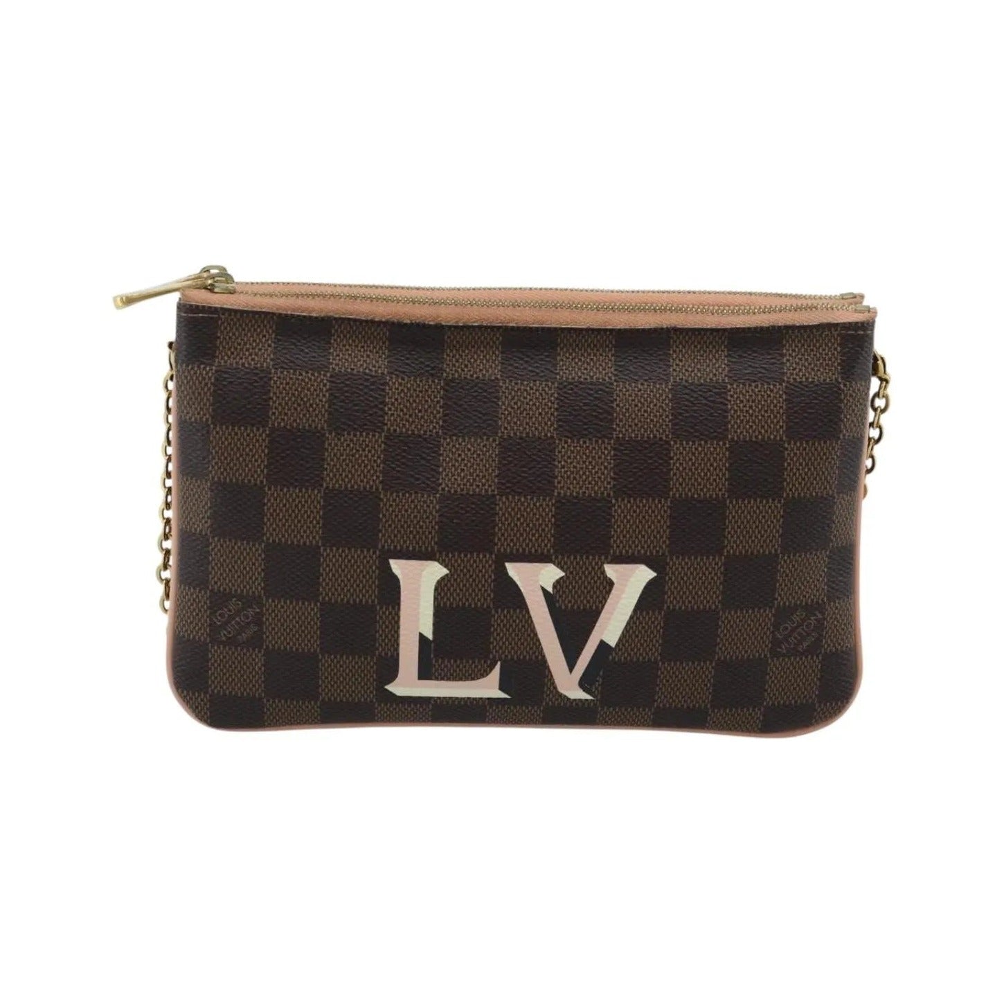 Louis Vuitton Double Zip Pochette Damier, Brown, Canvas, Clutch