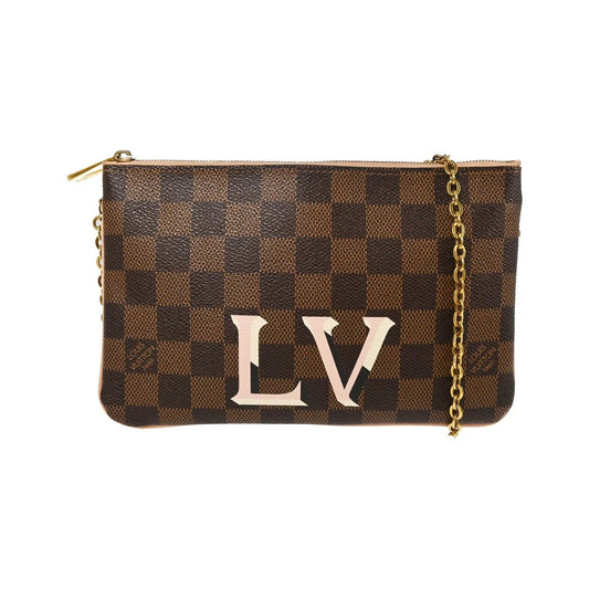 Louis Vuitton Double Zip Pochette Damier Ebene, Brown, Canvas, Clutch