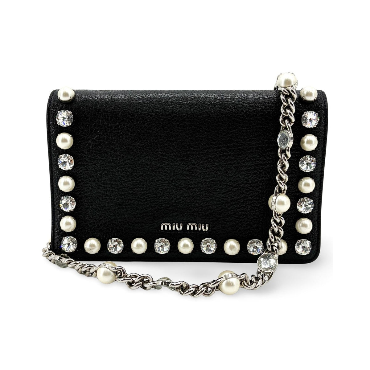 Miu Miu Crystal and Pearl Chain Clutch Embellished Leather, Black, Leather, Clutch