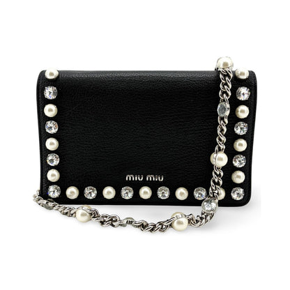Miu Miu Crystal and Pearl Chain Clutch Embellished Leather, Black, Leather, Clutch