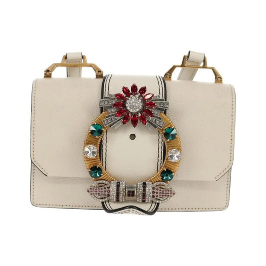 Miu Miu Madras Crystal Buckle Leather, White, Leather, Shoulder Bag