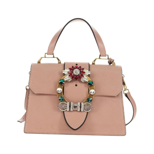 Miu Miu Madras Crystal Buckle Leather, Pink, Leather, Shoulder Bag
