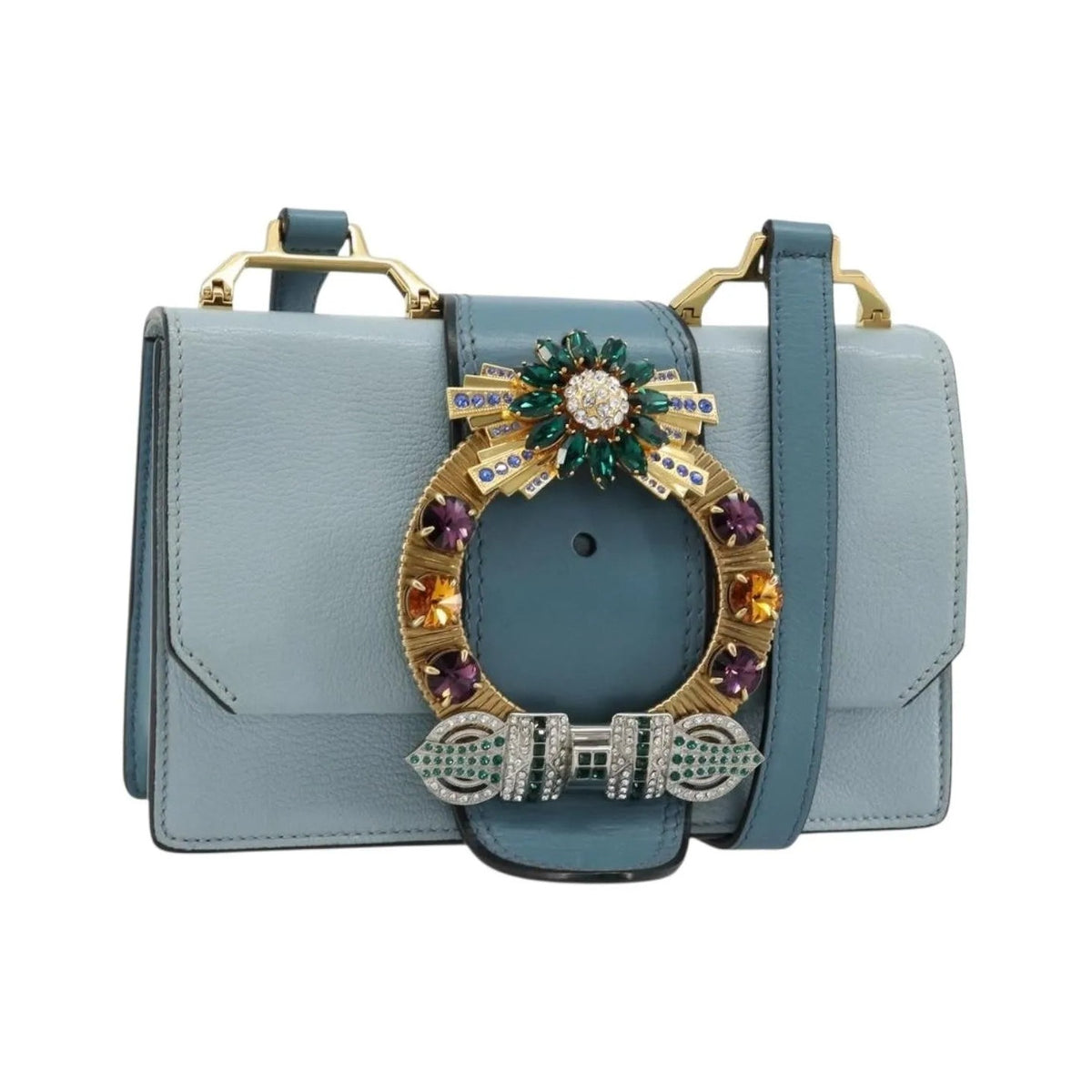 Miu Miu Madras Crystal Buckle Leather, Blue, Leather, Shoulder Bag
