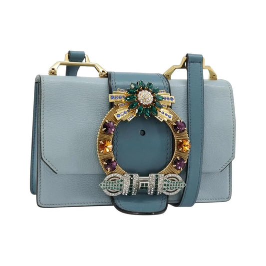 Miu Miu Madras Crystal Buckle Leather, Blue, Leather, Shoulder Bag