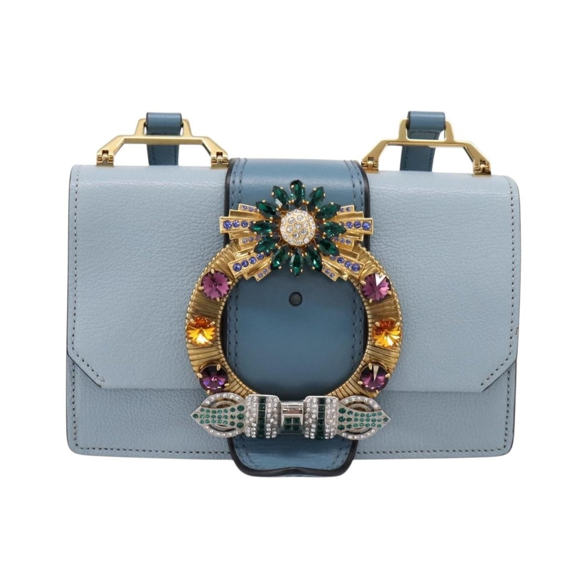 Miu Miu Madras Crystal Buckle Leather, Blue, Leather, Shoulder Bag