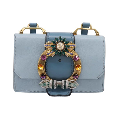 Miu Miu Madras Crystal Buckle Leather, Blue, Leather, Shoulder Bag