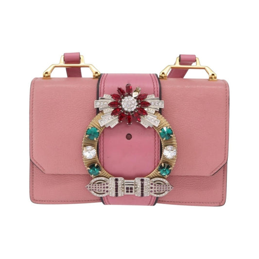 Miu Miu Madras Crystal Buckle Leather, Pink, Leather, Shoulder Bag