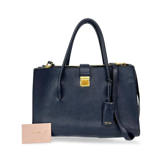 Miu Miu Madras Leather, Navy, Leather, Tote Bag