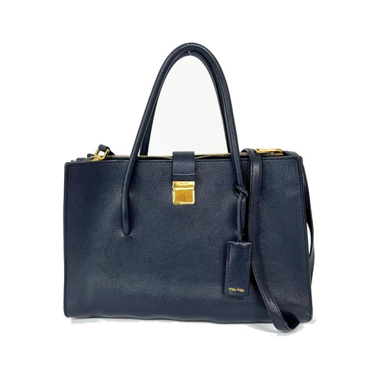 Miu Miu Madras Leather, Navy, Leather, Tote Bag