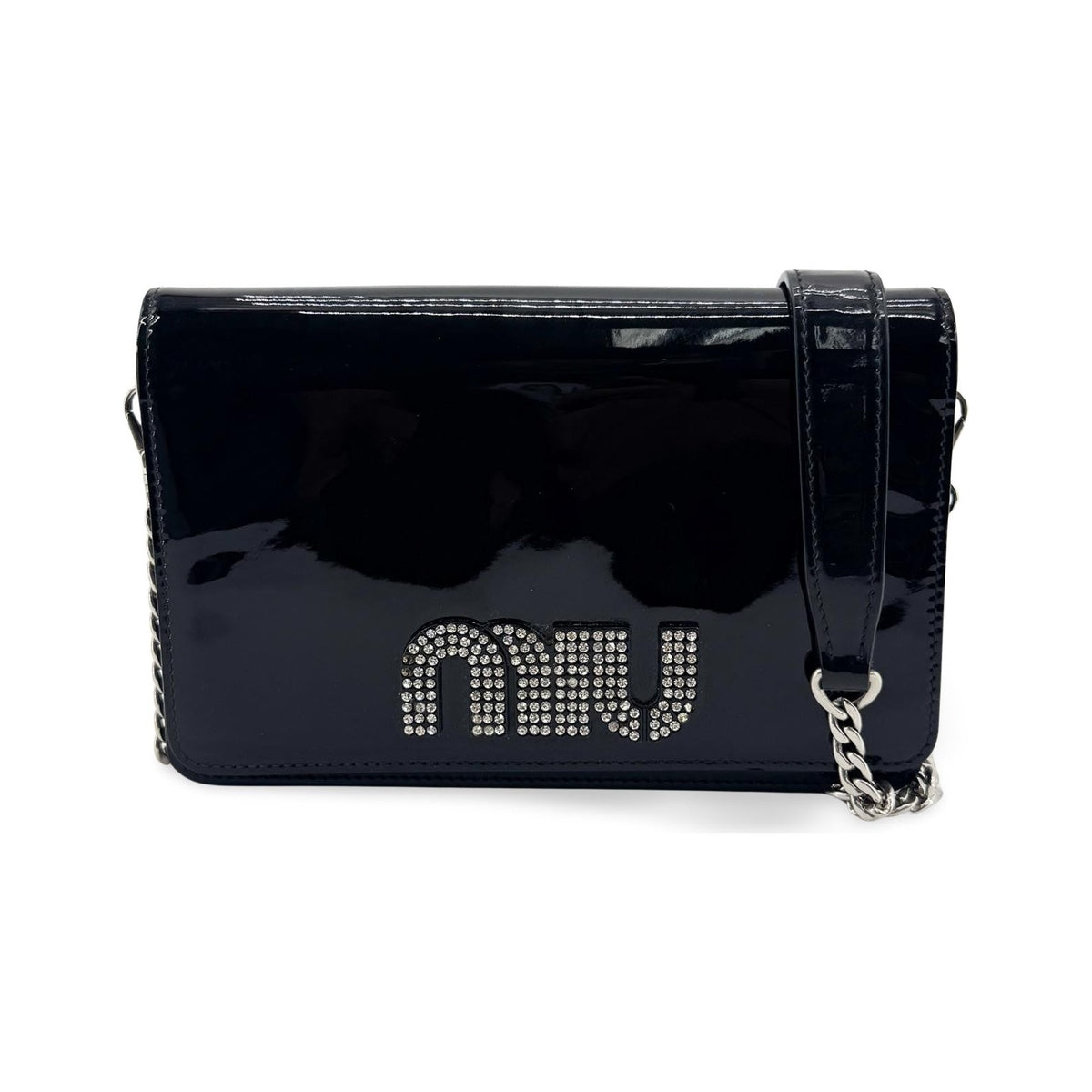 Miu Miu My Logo Chain Patent, Black, Patent Leather, Crossbody Bag