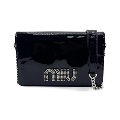 Miu Miu My Logo Chain Patent, Black, Patent Leather, Crossbody Bag