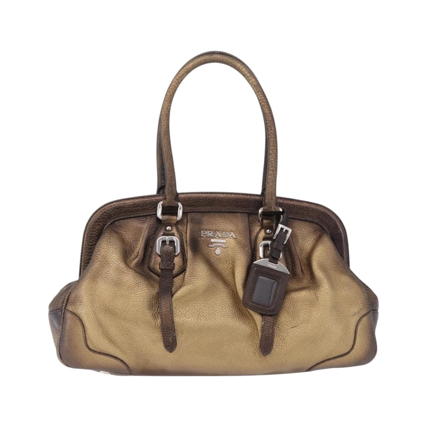 Prada Belted Frame Satchel Metallic Leather, Gold, Leather, Handbag