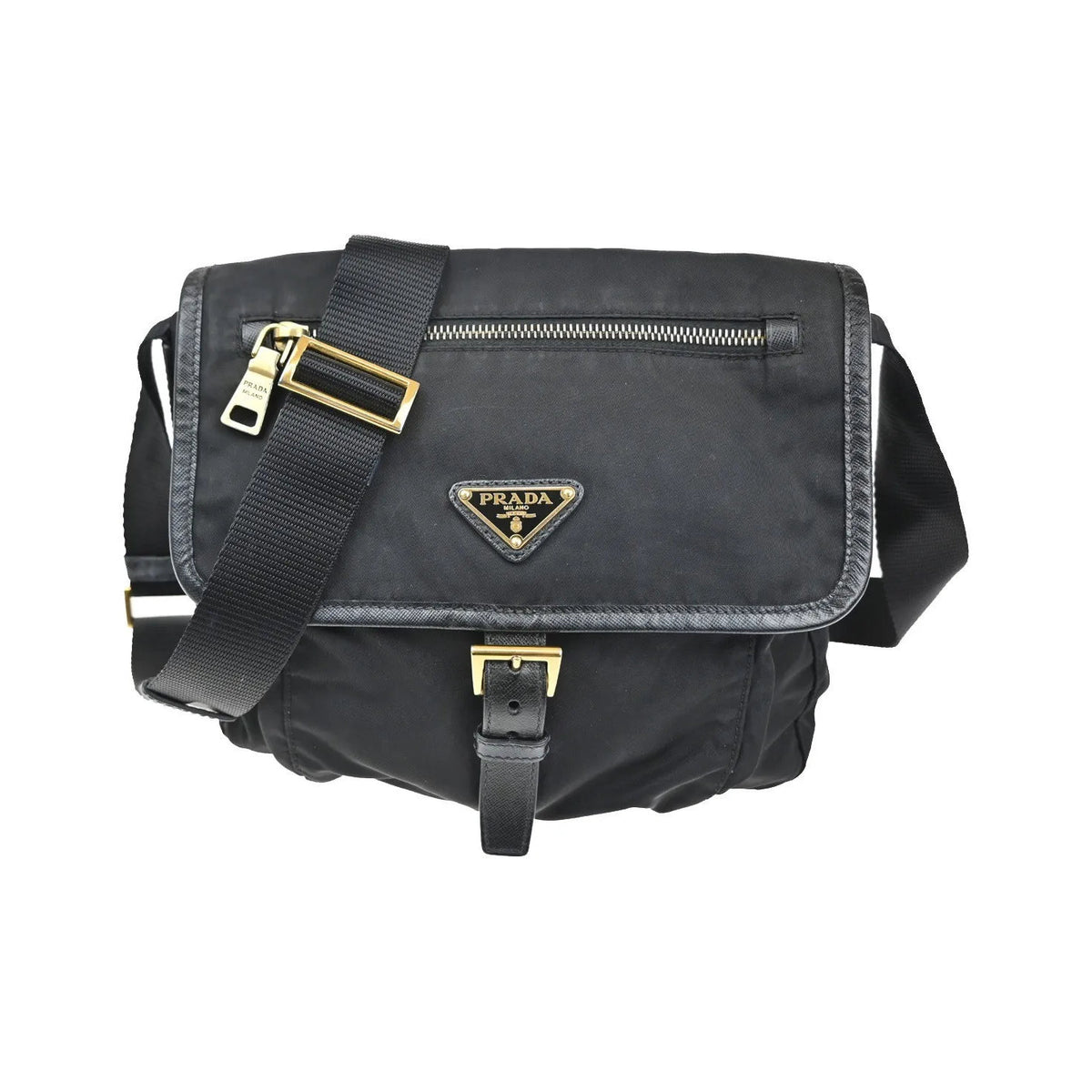 Prada Buckle Messenger Tessuto, Black, Nylon, Shoulder Bag