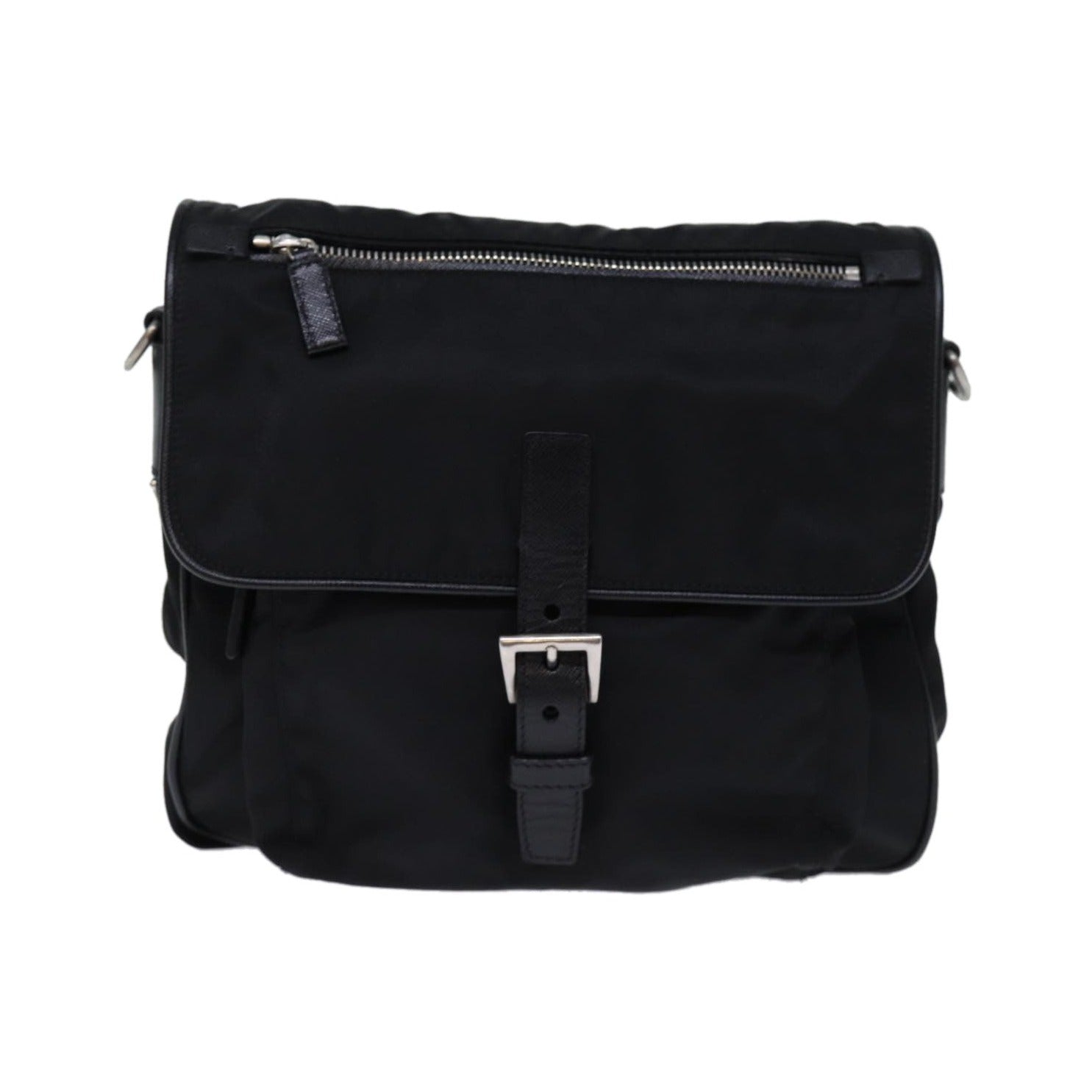 Prada Buckle Messenger Tessuto, Black, Nylon, Shoulder Bag
