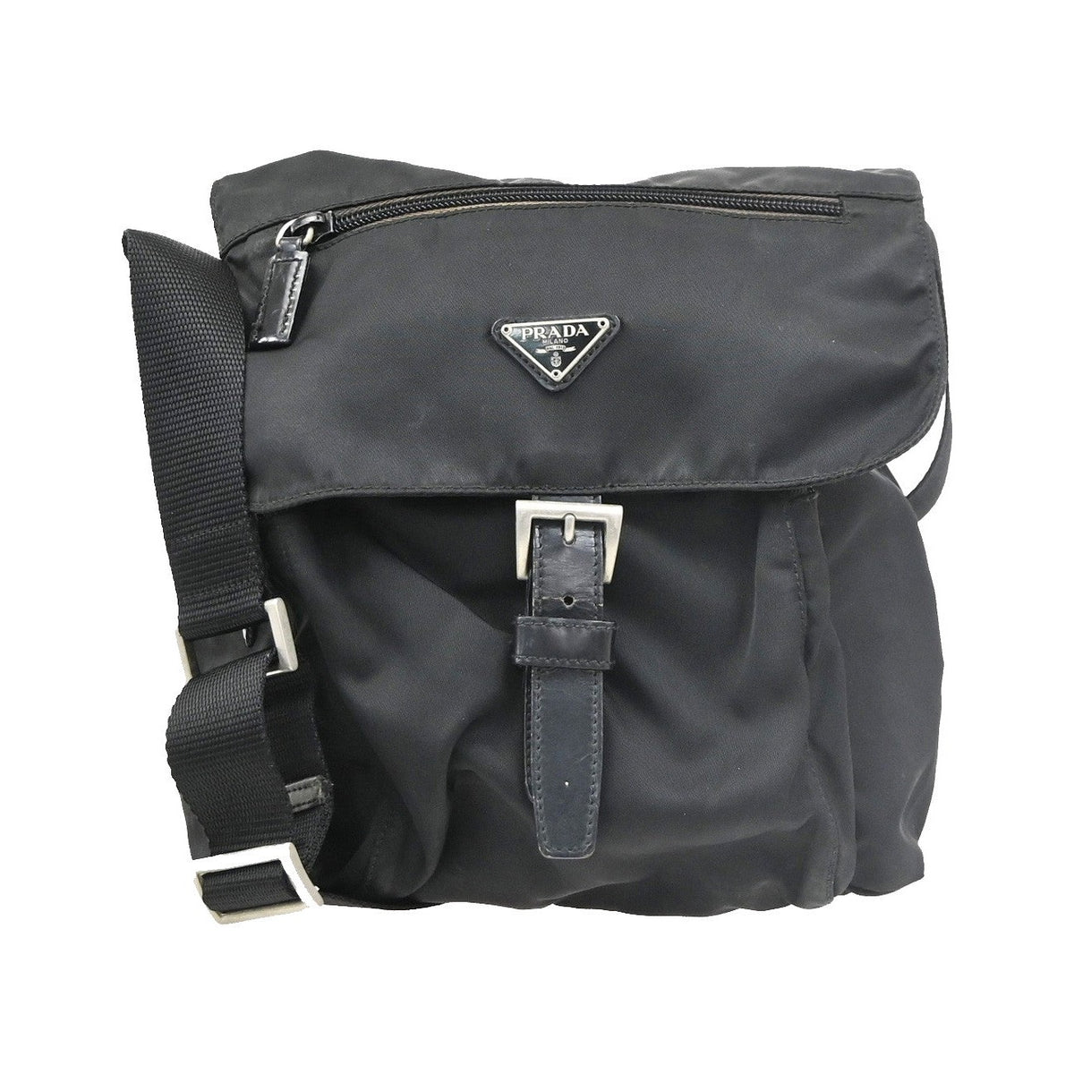 Prada Buckle Messenger Tessuto, Black, Nylon, Handbag