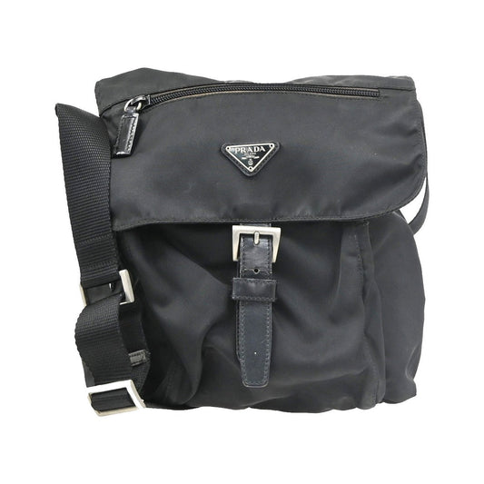 Prada Buckle Messenger Tessuto, Black, Nylon, Handbag