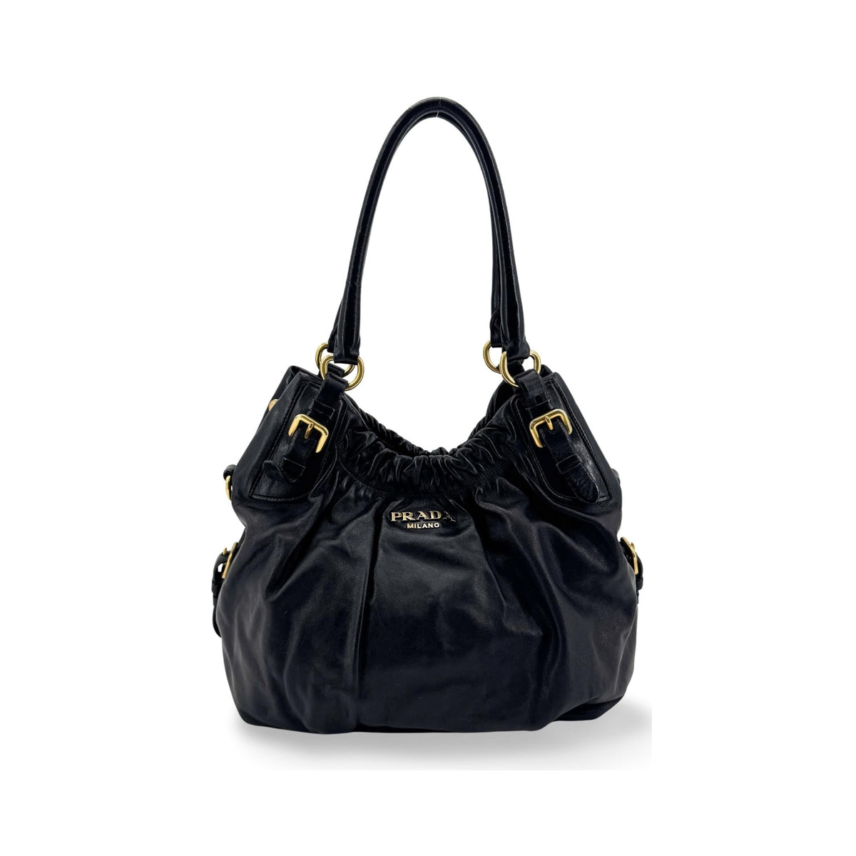 Prada Buckle Open Soft Calf, Black, Leather, Tote Bag
