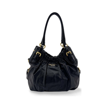Prada Buckle Open Soft Calf, Black, Leather, Tote Bag