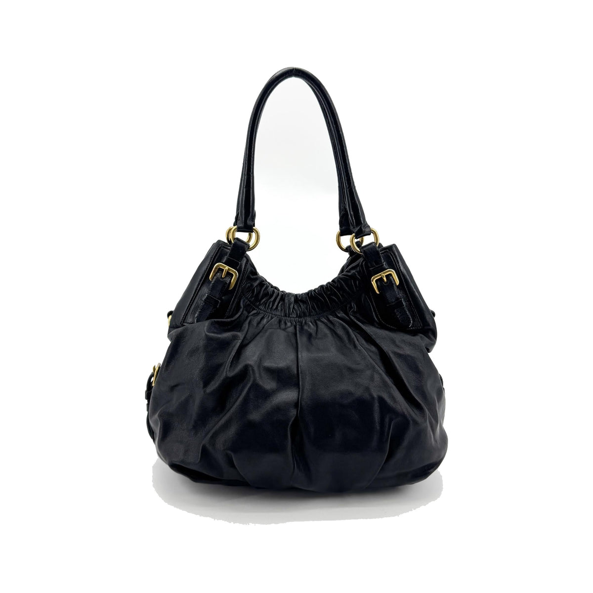 Prada Buckle Open Soft Calf, Black, Leather, Tote Bag