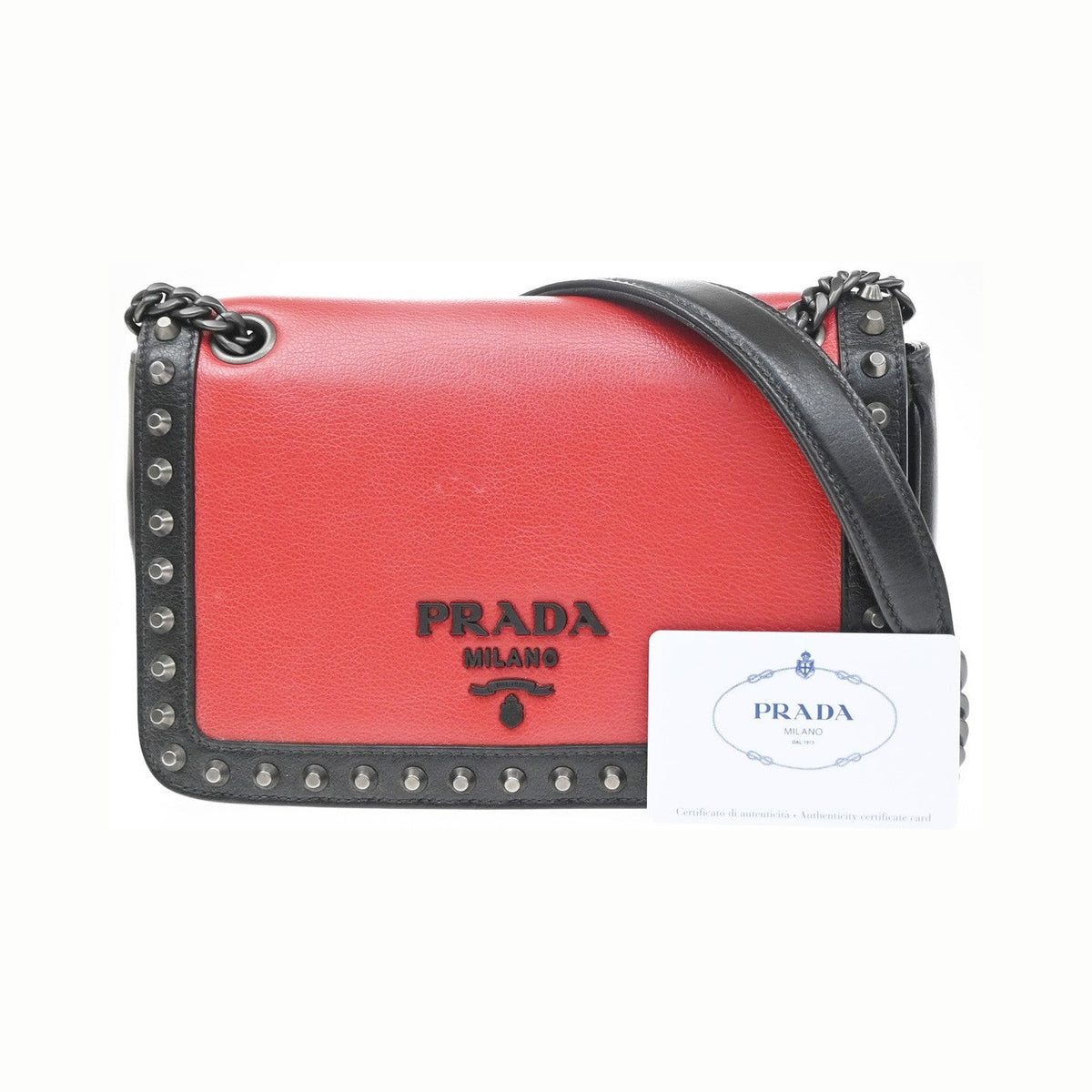 Prada Chain Flap Bag Studded Glace Calf, Red, Leather, Shoulder Bag