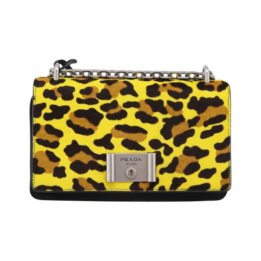 Prada Chain Flap Leather with Pony Hair, Yellow, Leather, Shoulder Bag