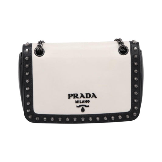 Prada Chain Flap Studded Glace Calf, White, Leather, Shoulder Bag