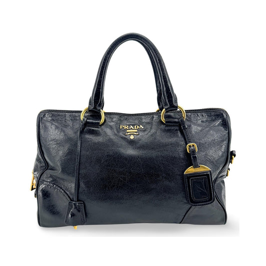 Prada Convertible Boston Vitello Shine, Black, Leather, Handbag