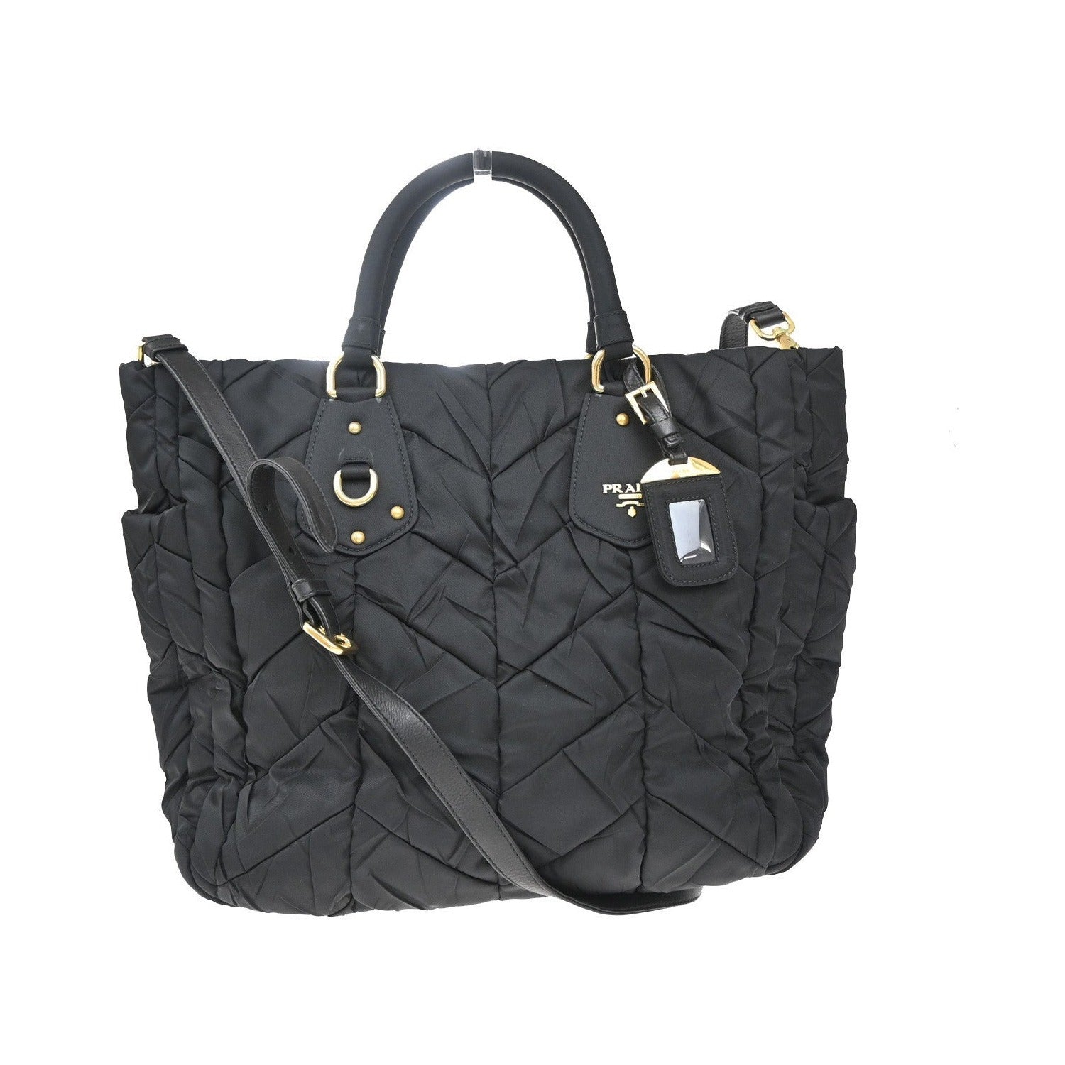 Prada Convertible Side Pocket Tote Chevron Tessuto, Black, Nylon, Tote Bag