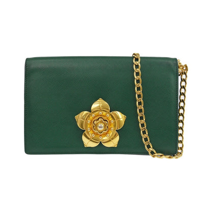 Prada Corolle Chain Saffiano with Metal, Green, Leather, Shoulder Bag