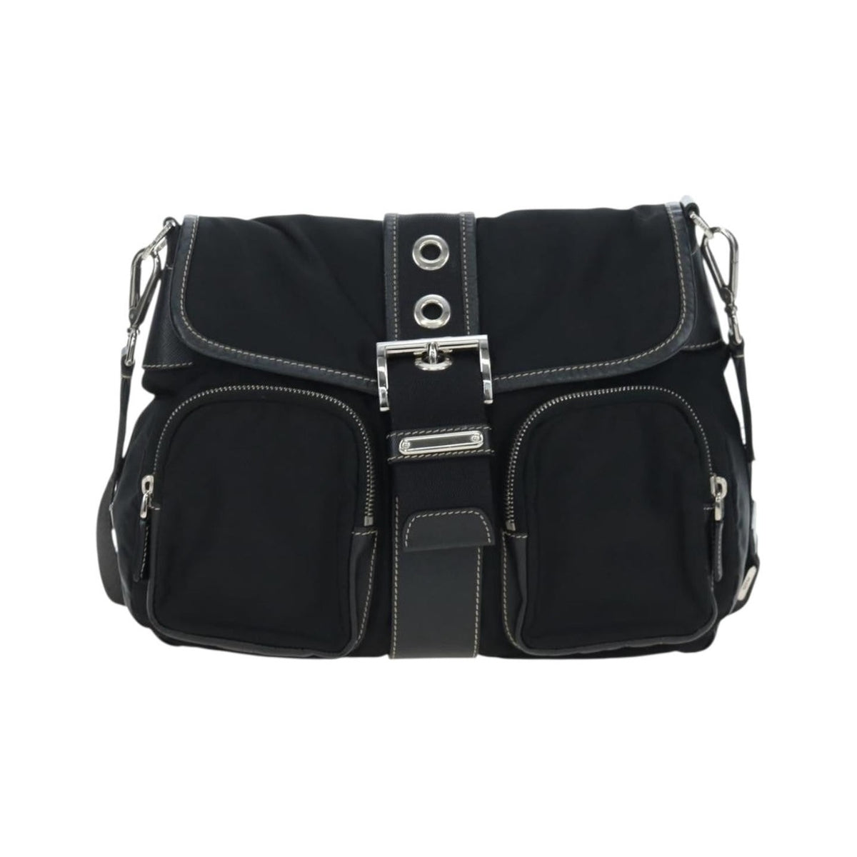 Prada Double Pocket Buckle Flap Tessuto and Leather, Black, Nylon, Handbag
