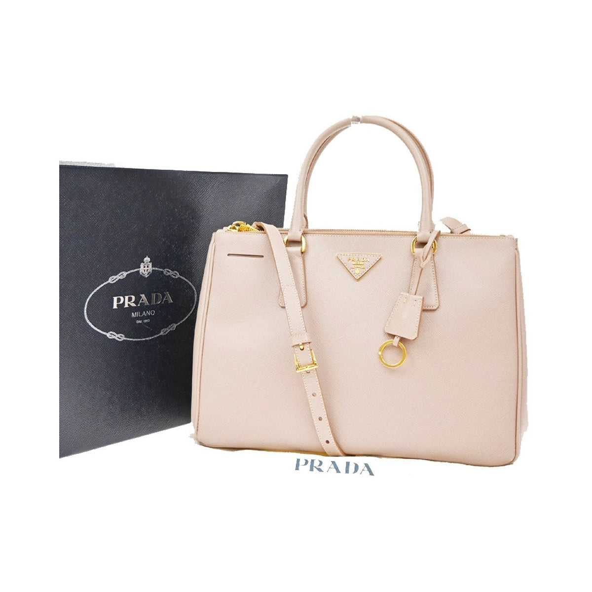 Prada Double Zip Lux Saffiano Leather, Pink, Leather, Tote Bag