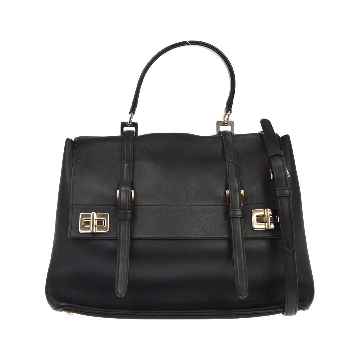 Prada Dual Flap Double Turn Lock Satchel City Calfskin, Black, Leather, Handbag