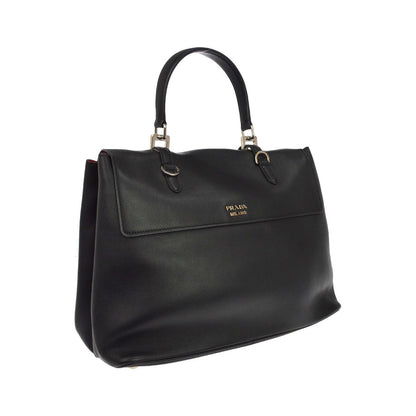 Prada Dual Flap Double Turn Lock Satchel City Calfskin, Black, Leather, Handbag