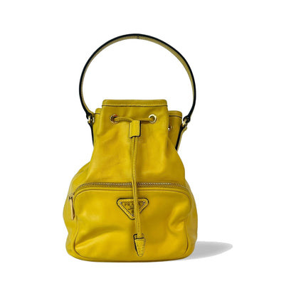 Prada Duet Drawstring Bucket Leather, Yellow, Leather, Handbag